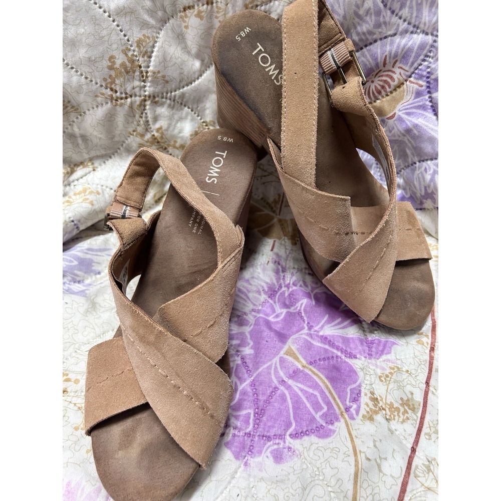 TOMS‎ Platform Brown Synthetic Strappy Sandals Ankle Strap Buckle Women's US 8.5